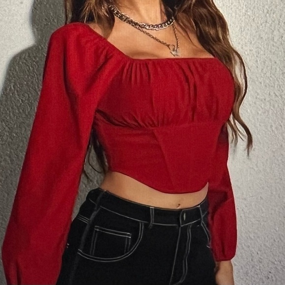 SHEIN Privé Ruched Bust Square Neck Bishop Sleeve Blouse SZ M - Picture 11 of 14